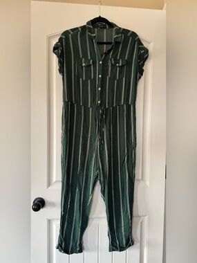 Cotton On Forest Green Vertical Stripe Button-Front Jumpsuit